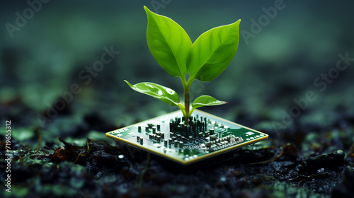 new life sprouts on a microchip in nature, environment, technological future