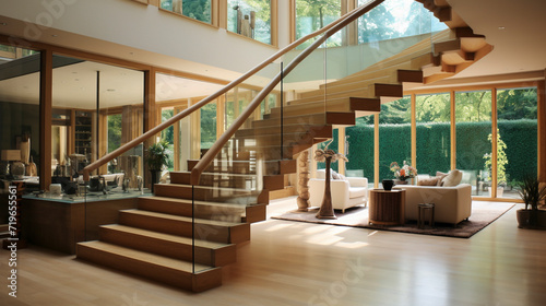 A sweeping light oak staircase with glass balustrades  set in a large  luminous room with high ceilings.