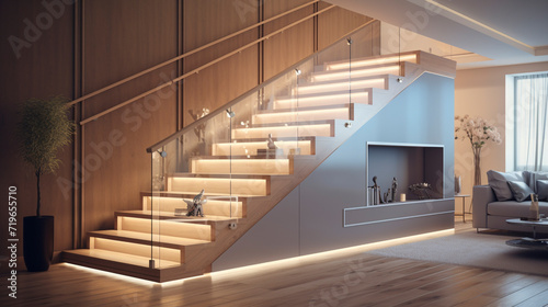 A trendy light maple staircase with clear glass sides, LED strip lighting under the handrails adding a cozy touch to a chic, spacious interior.