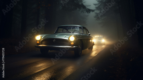 car headlight beams in dense mist