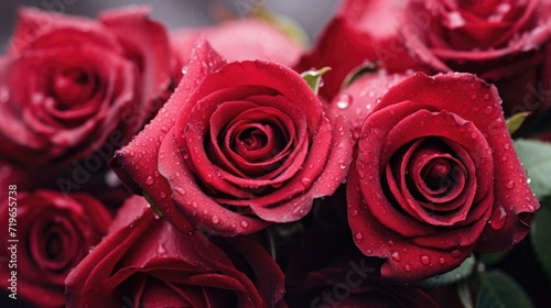 A close-up of dew-kissed red roses  symbolizing the delicate emotions of love in a soft gradient from blush pink to deep crimson. Generative AI.