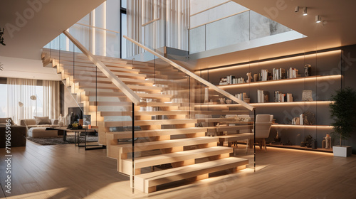 A trendy light maple staircase with frameless glass sides, LED strip lighting under the handrails adding a cozy ambiance to a chic, well-designed interior.