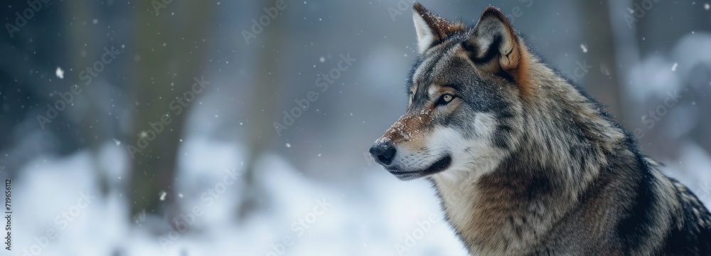 Obraz premium Wolf Standing in Snow With Trees in Background