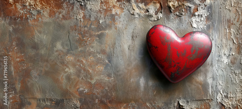 Red metal heart on a destroyed, weathered wall background with copy space. Shabby chic, vintage aesthetics. Concept of eternal, unconditional, love