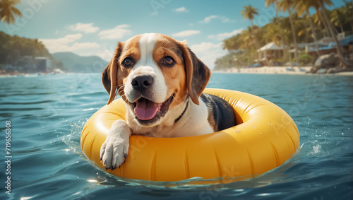 Cute dog in a swimming circle at sea banner