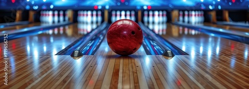 Red Bowling Ball on Top of Bowling Alley photo