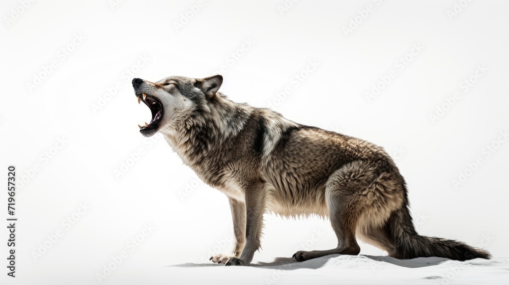 Fototapeta premium Wild Serenade: A close-up capture of a howling gray wolf against a white background, symbolizing the untamed beauty of the wilderness and the mysterious allure of the moonlit night