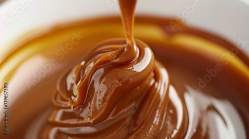 Macro photography of Flowing caramel. This versatile confection adds delicious, creamy flavor to desserts, pastries, and candies. Concept for National Caramel Day, April 5.