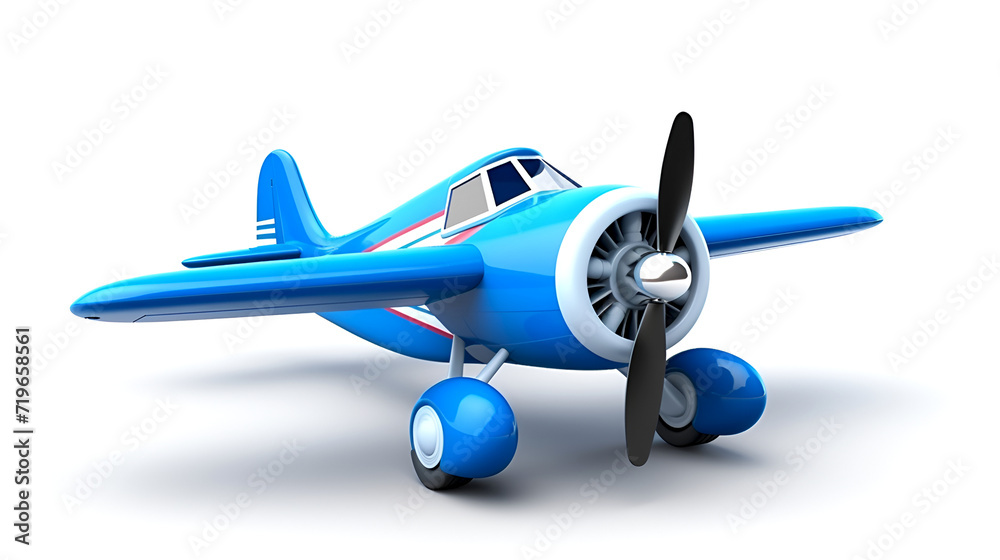 3D cartoon airplane toy model. Blue and red toy plane with cartoonish design on white. Toy propeller plane in blue. Colorful children's airplane toy, side view, isolated 3D cartoon airplane toy model. Blue and red toy plane with cartoonish design on white. Toy propeller plane in blue. Colorful children's airplane toy, side view, isolated