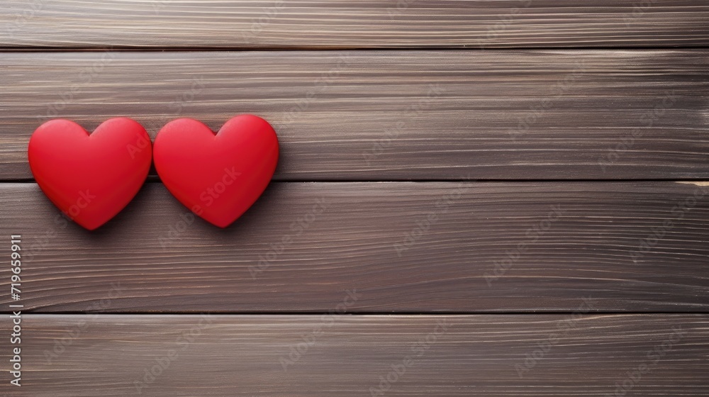 two red hearts on old rustic wooden table with copy space. Valentine's day concept two red hearts on old rustic wooden table with copy space. Valentine's day concept