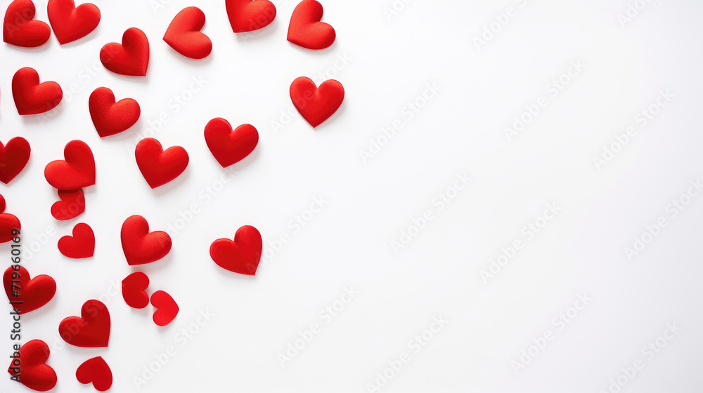red  hearts on white background, top view with copy space, valentines day concept