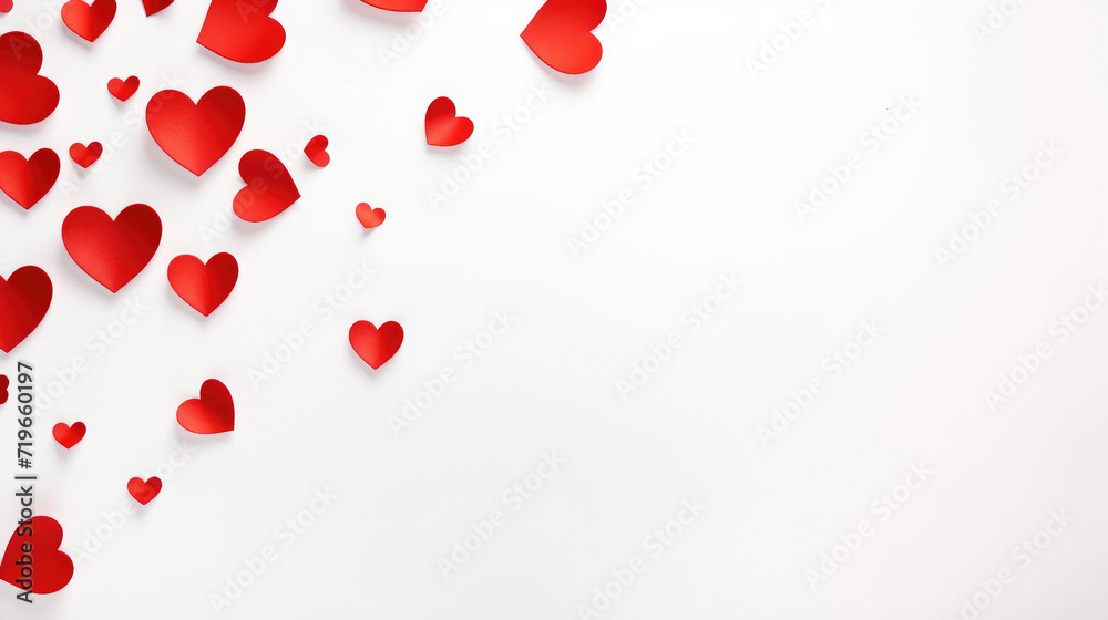 paper hearts on white background, top view with copy space, valentines day concept