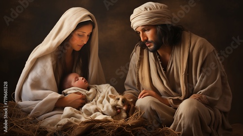 Live christmas nativity scene with mary, joseph, and baby jesus in old barn, birth of christ child photo