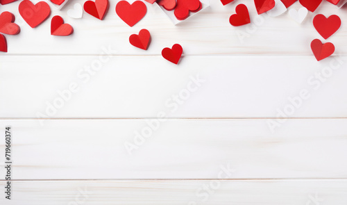 hearts on white wooden table background, top view with copy space, valentines day concept