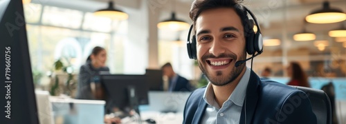 Smiling Man Wearing Headset in Call Center photo