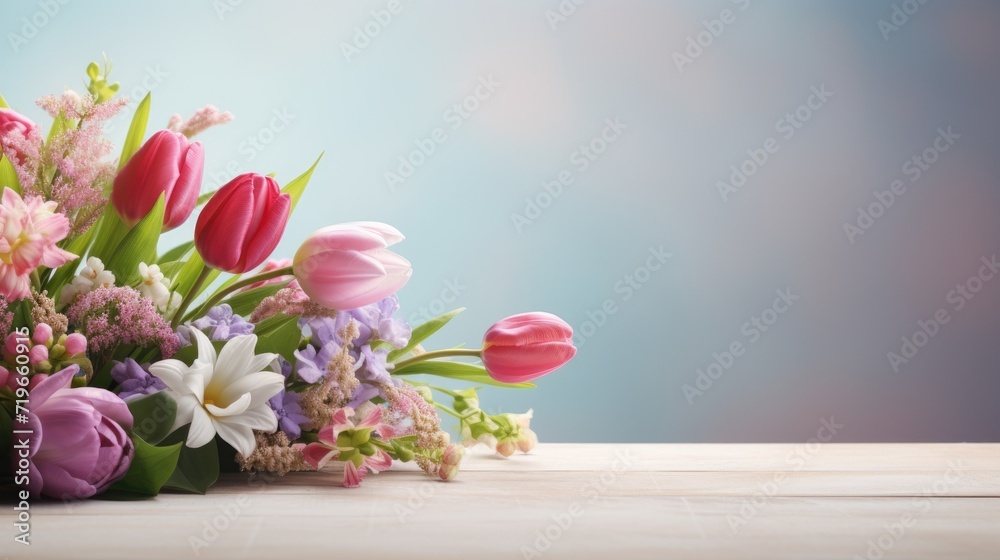 spring flowers bouquet on wooden table with bokeh background copy space spring flowers bouquet on wooden table with bokeh background copy space