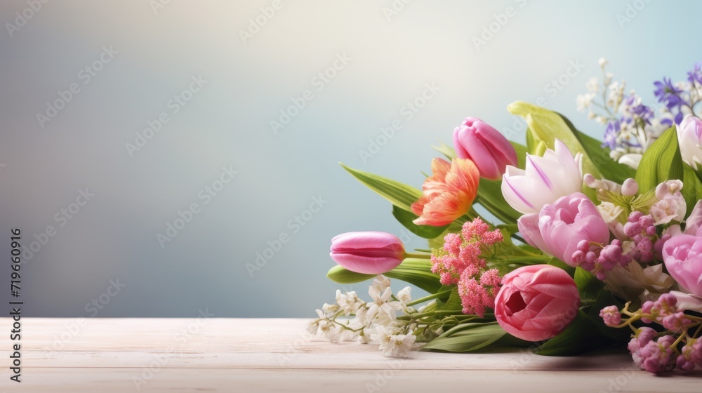 various spring flowers on wooden table with bokeh background copy space various spring flowers on wooden table with bokeh background copy space
