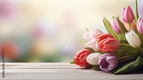 spring flowers bunch bouquet of tulips on wooden table with bokeh background copy space