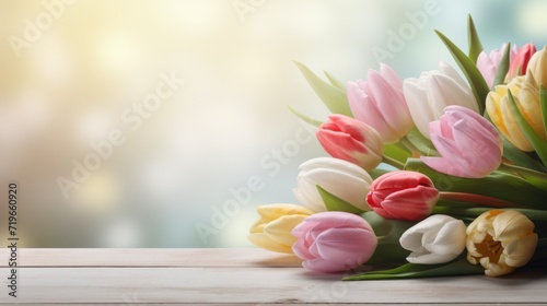 spring flowers bunch bouquet of tulips on wooden table with bokeh background copy space photo