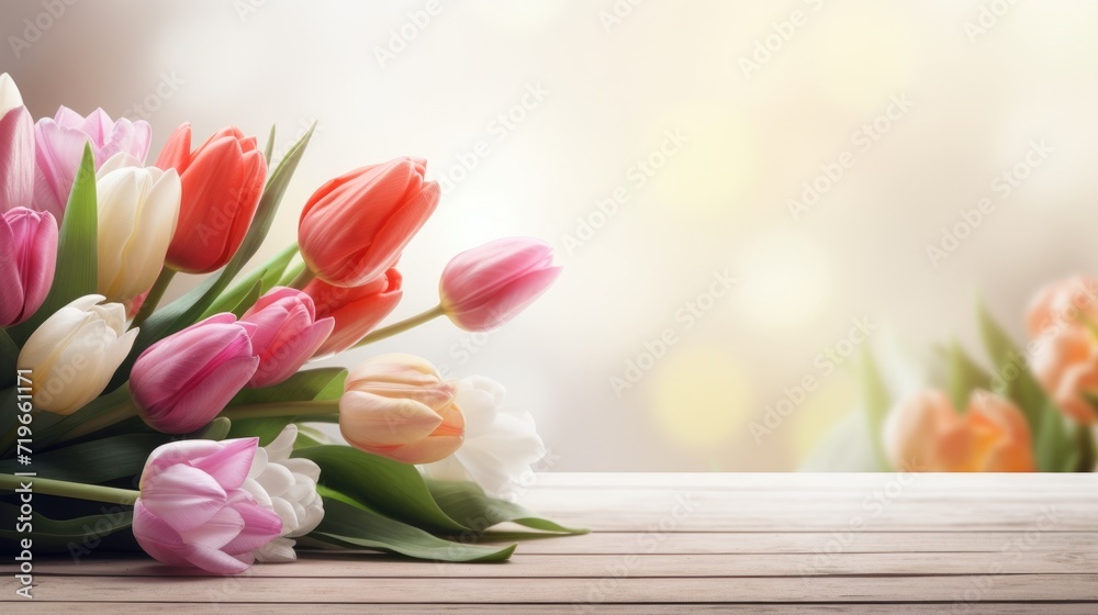 spring flowers bunch bouquet of tulips on wooden table with bokeh background copy space spring flowers bunch bouquet of tulips on wooden table with bokeh background copy space