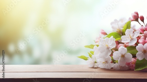 spring flowers on old white wooden table with bokeh  copy space