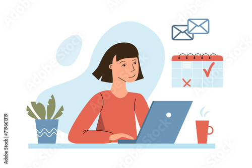 Yong woman  working on laptop with calendar and message icons on background. Freelance, online studying, work from home concept. Vector illustration in flat style.	
