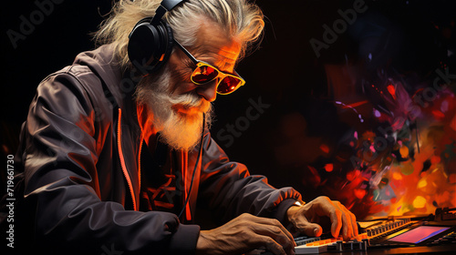 dj elderly man with a beard in sunglasses controls the controller and creates music, created with Generative AI Technology.