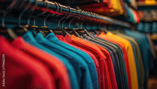 plain t-shirts of different colors hang on a hanger, store interior blur