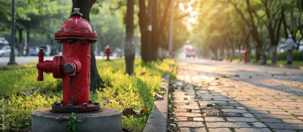 Fototapeta premium The fire hydrant is in a city roadside park. Copy space image. Place for adding text