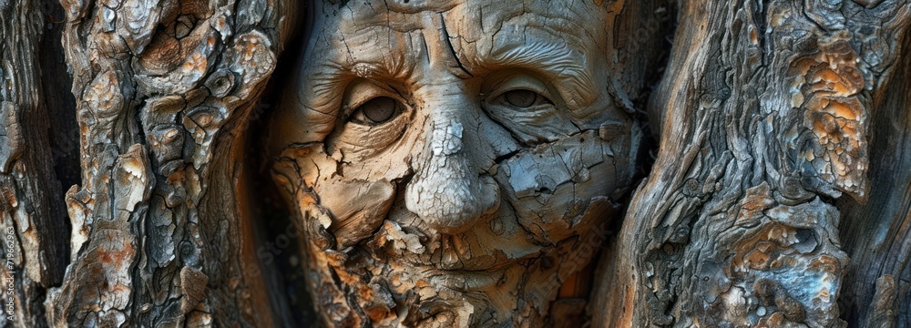 Carved Face Close-up on Tree Bark