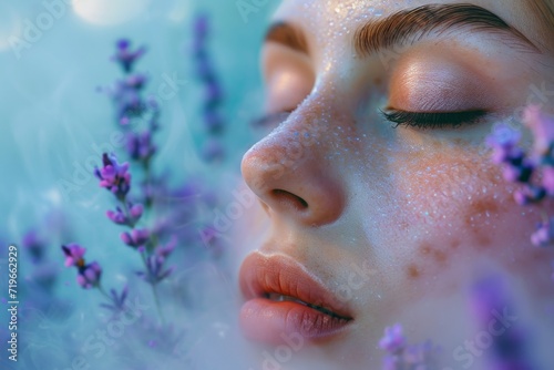 Close-up of a woman's face during a facial steam treatment, with lavender herbs in the background