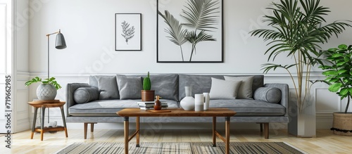Stylish scandi interior of home space with design grey sofa retro wooden table mock up poster frame decoration carpet and personal accessories in elegant home decor. Copy space image © Ilgun