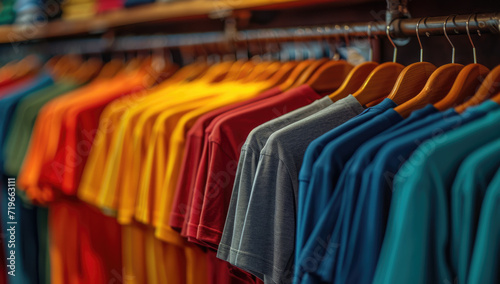 plain t-shirts of different colors hang on a hanger, store interior blur photo