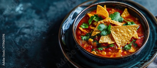 Wholesome taco chicken soup served with tortilla chips utilizing a warm color palette. Copy space image. Place for adding text