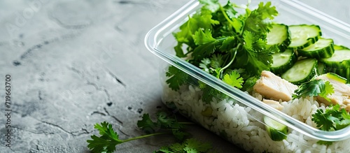 Roasted chicken rice shao ji fan siew gai fan with cucumber and coriander in a glass transparent lunchbox. Copy space image. Place for adding text photo