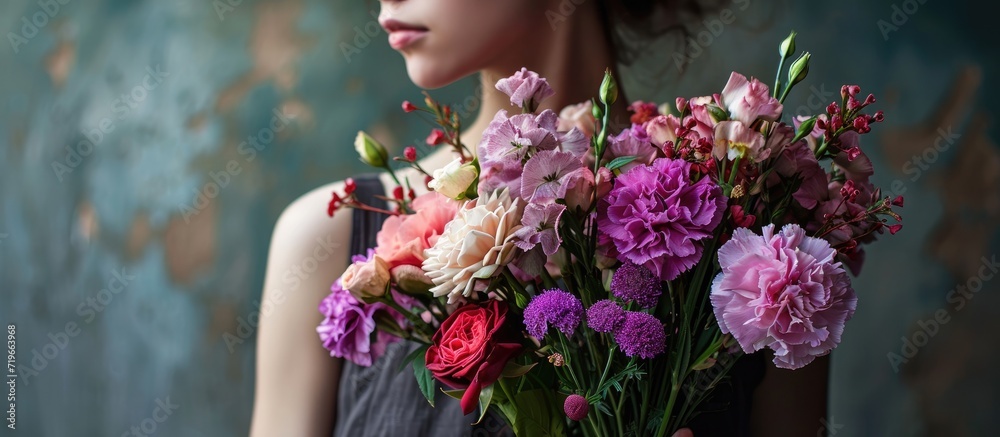 Obraz premium Very nice young woman holding big and beautiful colourful flower wedding bouquet with purple carnations and mattiolas cream David Austin roses ranunculus and pistachios. Copy space image
