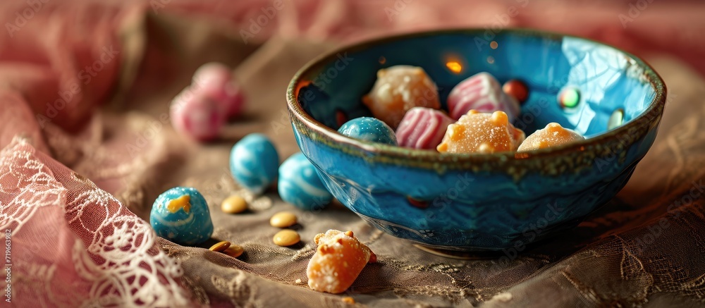 Sweet milk toffee candy pieces in blue candy bowl and two pieces in opened silver candy wrappers on pink heart lace on brown tablecloth. Copy space image. Place for adding text