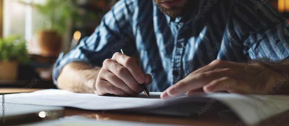 Working with papers Serious millennial male entrepreneur work at home office alone hold read document hardcopy think on conditions terms Focused young man engaged in paperwork edit text of agre - obrazy, fototapety, plakaty 