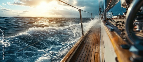 Sailing fast on port tacks with water splashing on deck. Copy space image. Place for adding text photo