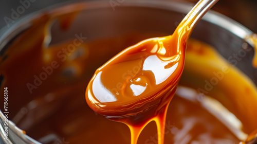 A spoon with a lot of caramel dripping from it. This versatile confection adds delicious  creamy flavor to desserts  pastries  and candies. Concept for National Caramel Day  April 5.