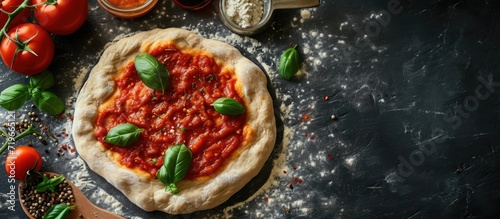Tomato paste on rolled pizza dough view from above. Copy space image. Place for adding text