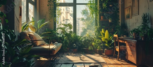 Small clean cozy balcony with windows in tiny city apartment with plants. Copy space image. Place for adding text