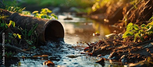 Sewage pipe outfall into the river water pollution and environmental damage concept selective focus. Copy space image. Place for adding text photo