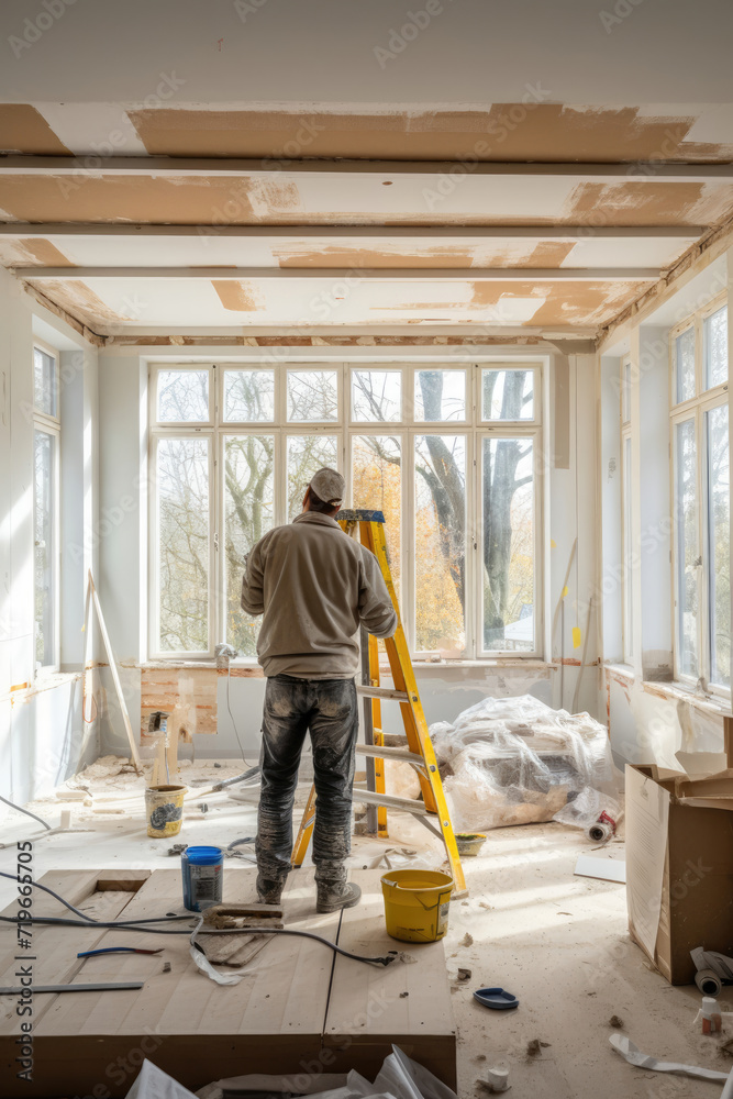 Man Standing on Ladder in a Room Under Construction