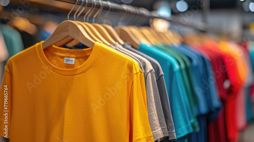 plain t-shirts of different colors hang on a hanger, store interior blur