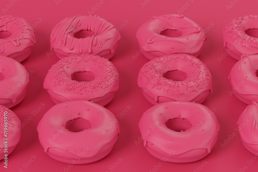 Isometric view of glazed donut with sprinkles on plain monochrome pink color Isometric view of glazed donut with sprinkles on plain monochrome pink color