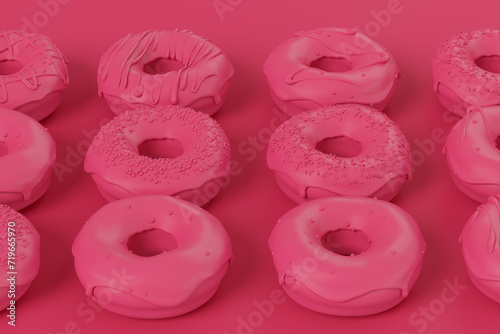 Isometric view of glazed donut with sprinkles on plain monochrome pink color