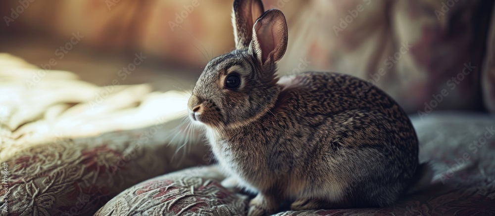 Russet spotted banny rabbit sitting on a couch. Copy space image. Place for adding text