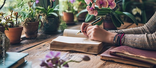 Top view of the teenager s hands lying on a wooden table preparing to do homework in an open notebook with a pen in hand on the table there are school supplies and orchid in a pot. Copy space image photo
