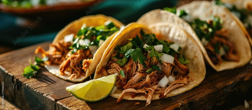 Pork carnitas tacos on a cutting board with onion and cilantro. Copy space image. Place for adding text